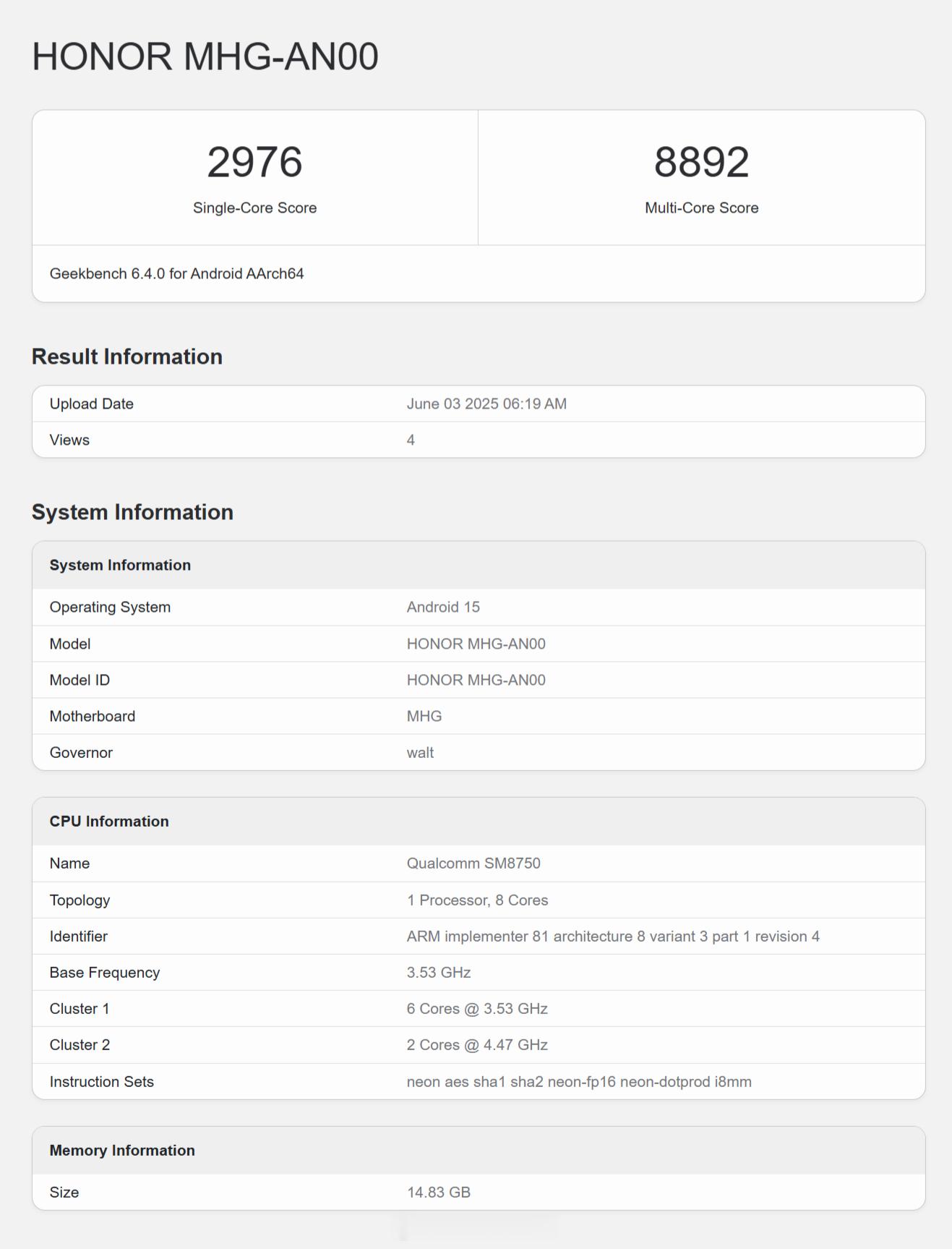 荣耀大折叠 Magic V5 现身 Geekbench 6 ，型号 MHG-AN