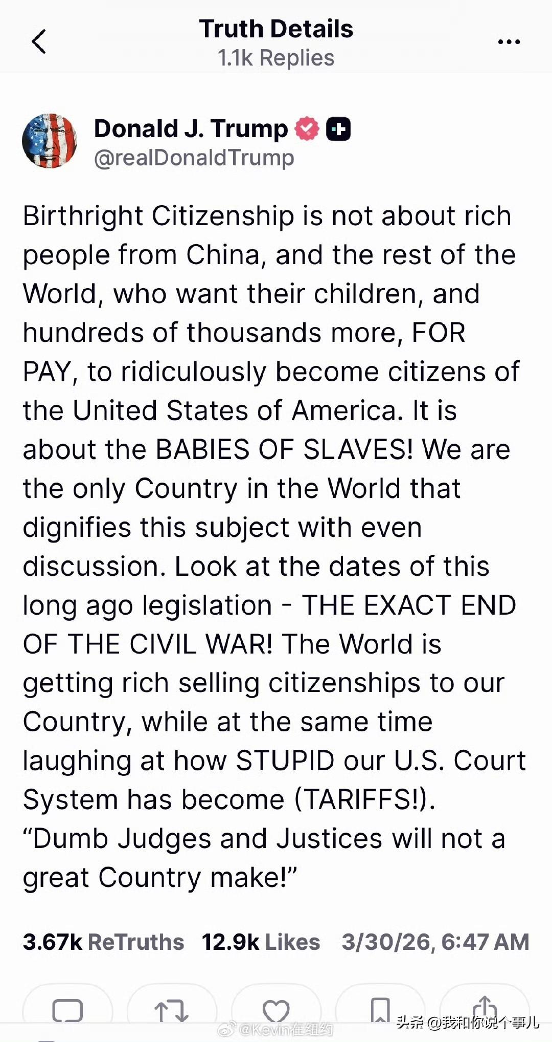 美国总统唐纳德·特朗普于2026年3月30日在社交平台Truth Social上