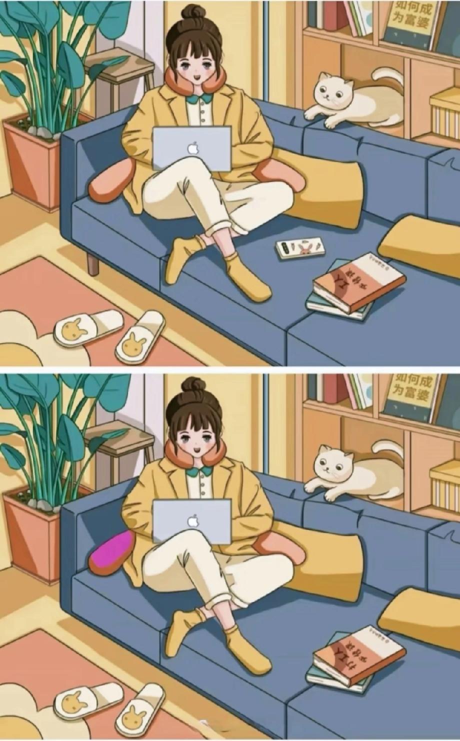 两张居家插画看似一模一样，实则藏着细节差异，你发现了吗？