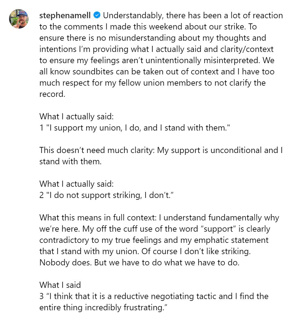 Stephen Amell 今日为反罢工言论道歉！
“我最近的即兴采访显然与我的