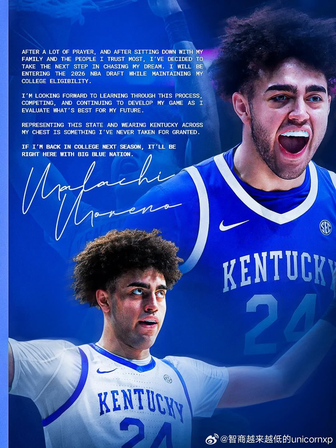 肯塔基大学七尺菜鸟中锋Malachi Moreno宣布试水选秀并保留返校选项，本