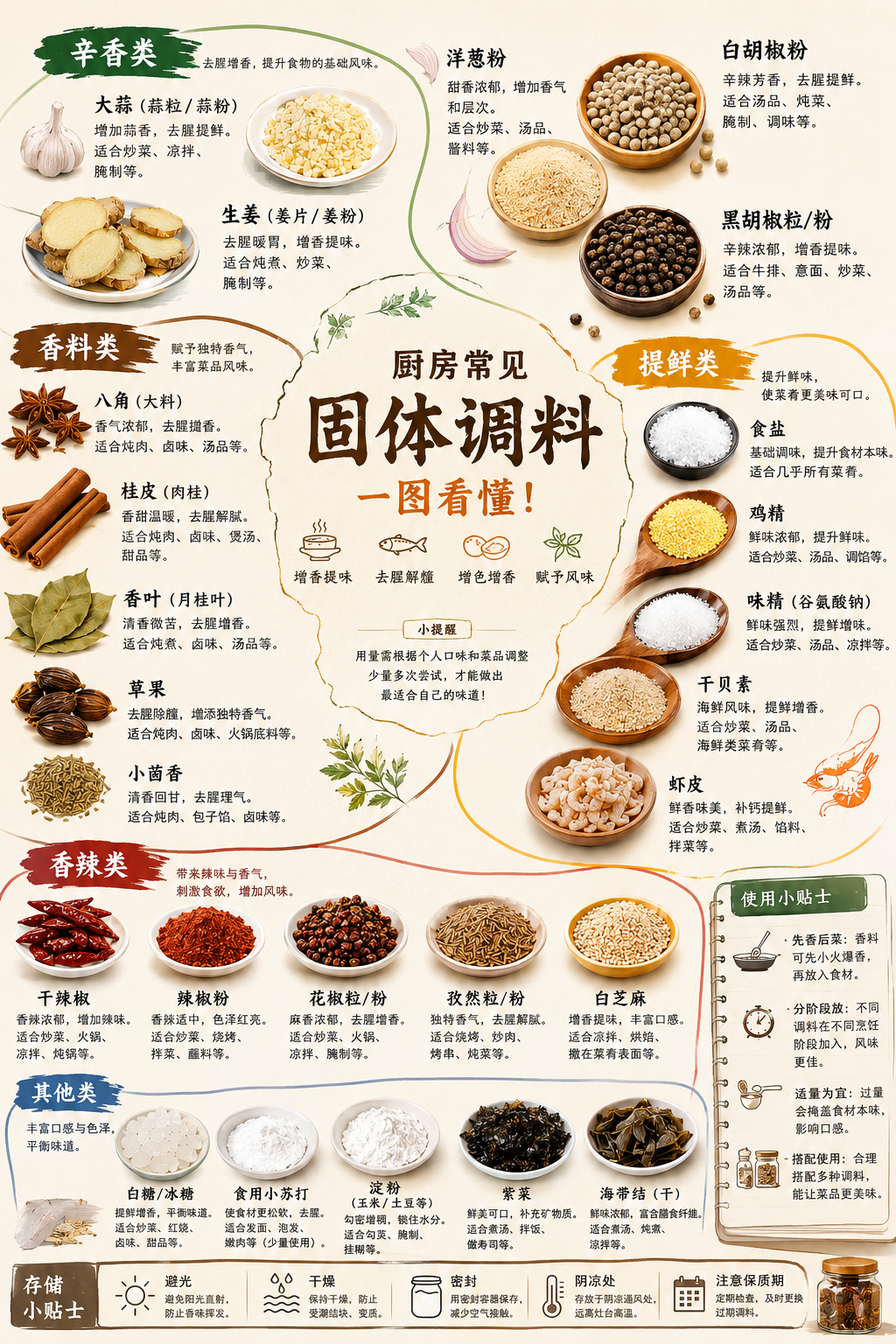 生成一个我们日常生活中会接触到的各种厨房固体调料信息图。顺序依次是：Seedre