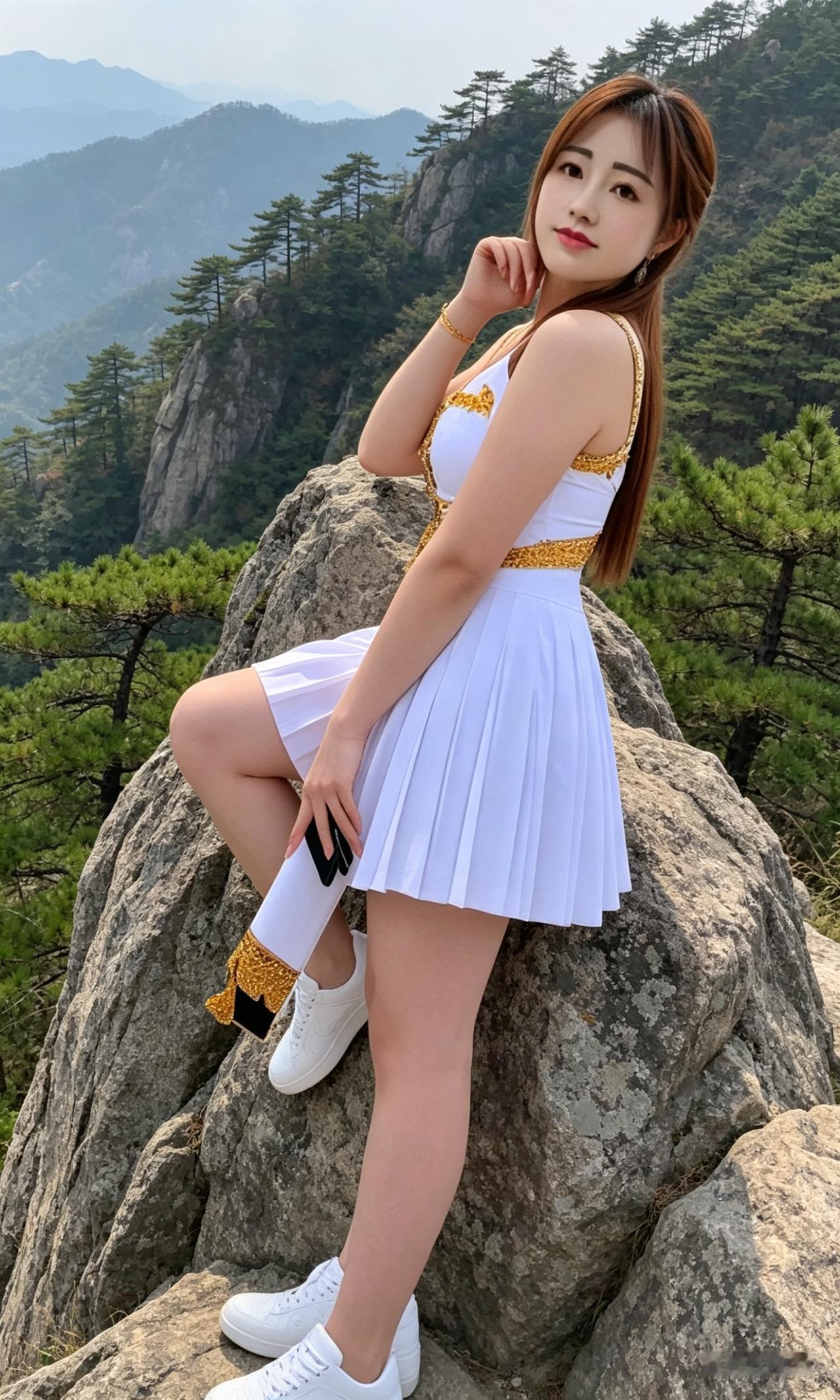 她坐在山头，风景美如画。远望高山的风景 心向往有男士结缘