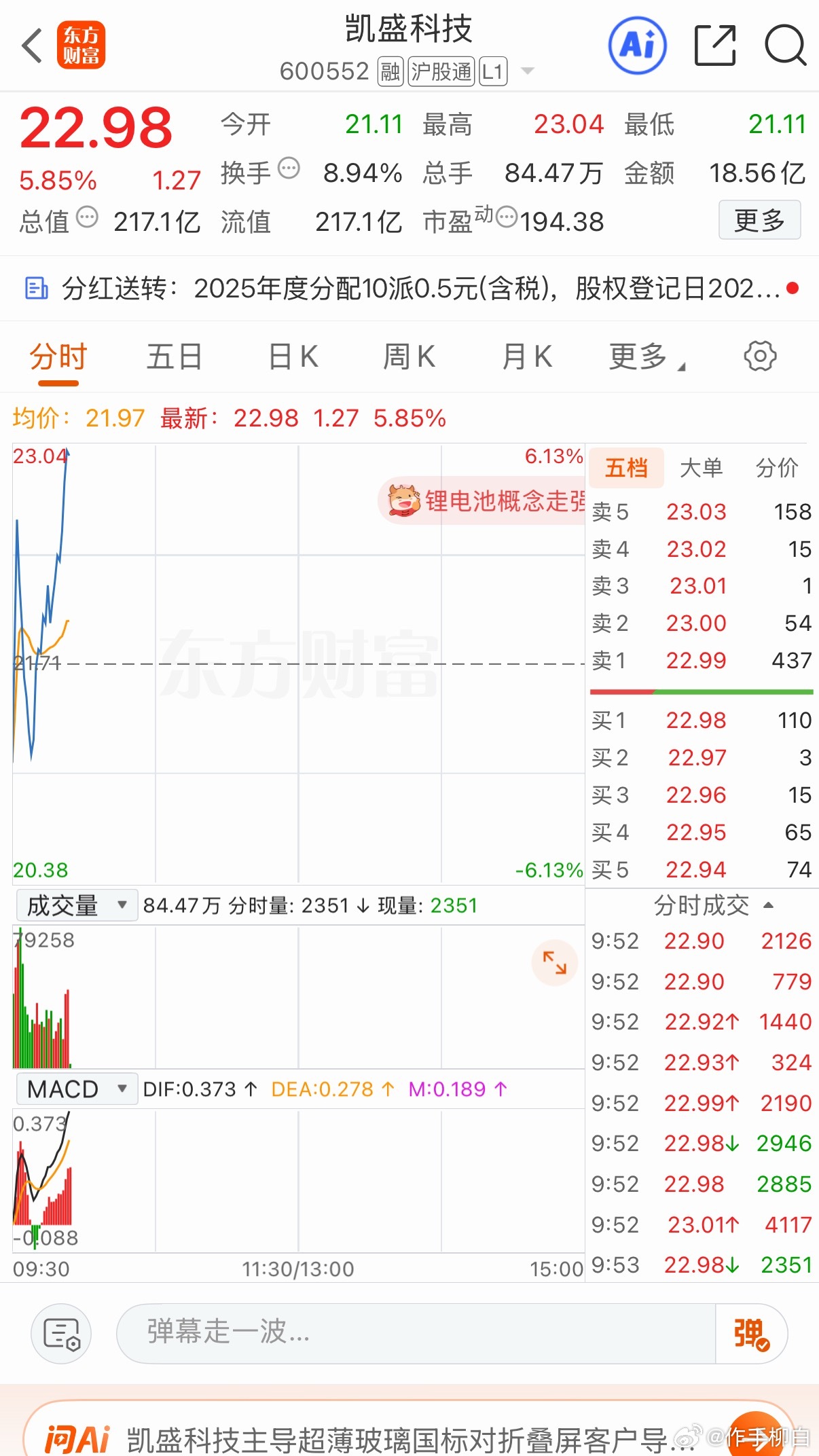 还在凯盛可考虑减仓落袋 