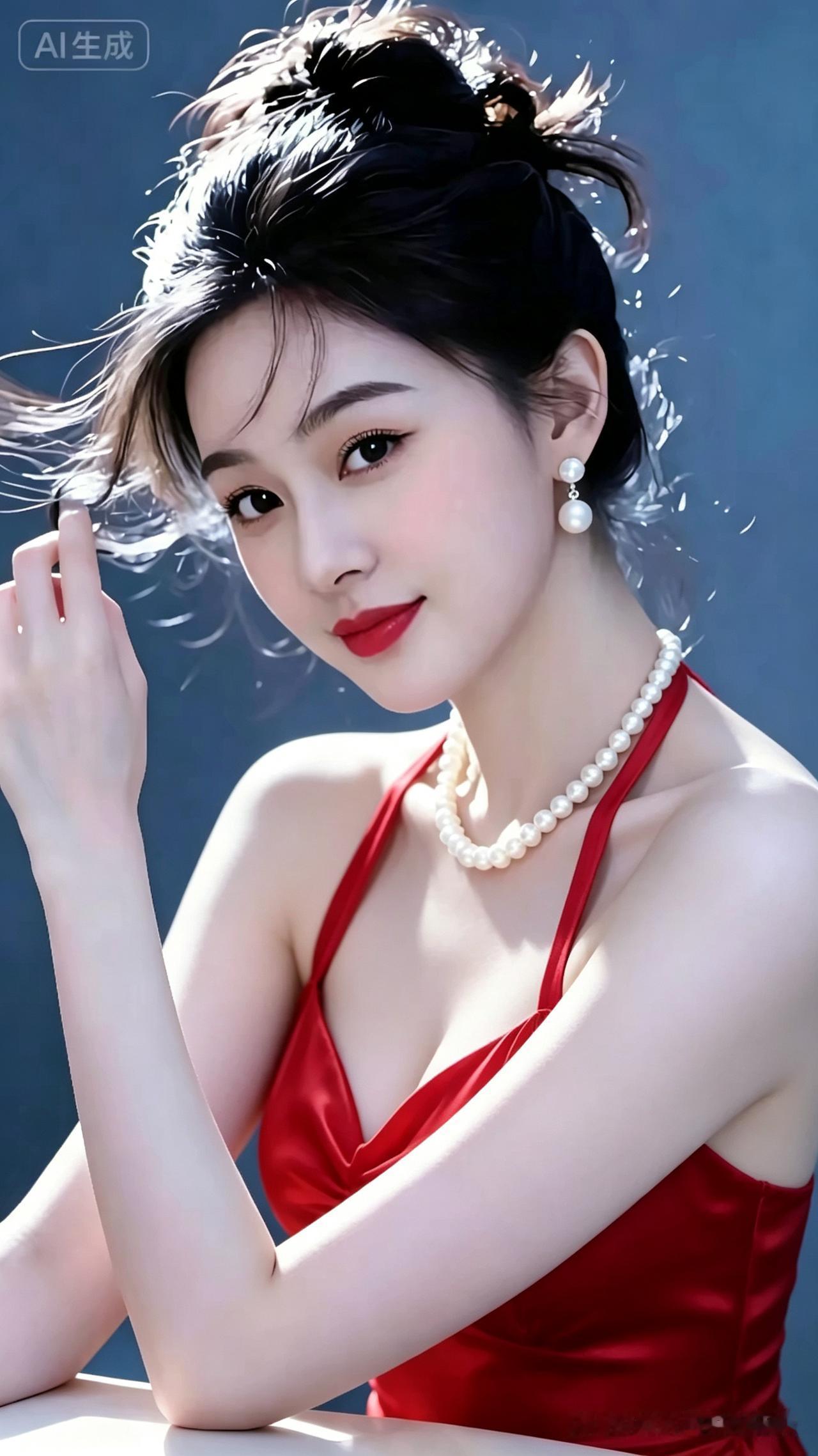 佳人身着自带柔光光泽红色挂脖吊带，身姿曼妙贴合身形。搭配精致珍珠首饰，优雅手部姿