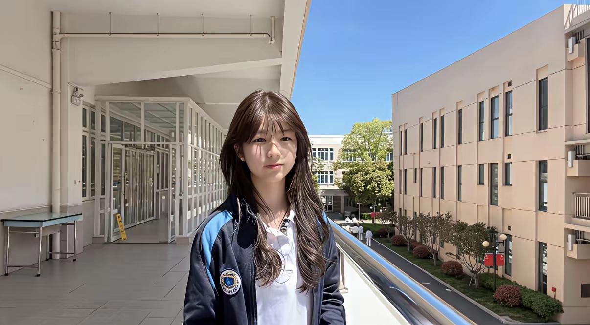 阳光明媚的一天，女孩站在校园走廊。 阳光少女照
