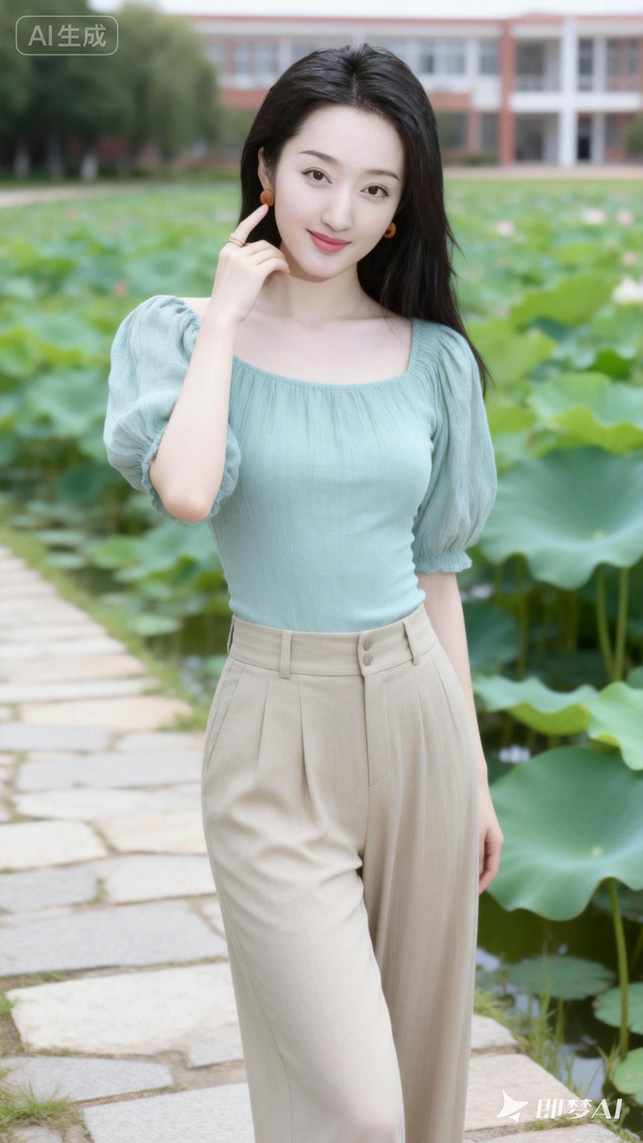 夏日清新穿搭，荷叶池塘边，优雅动人