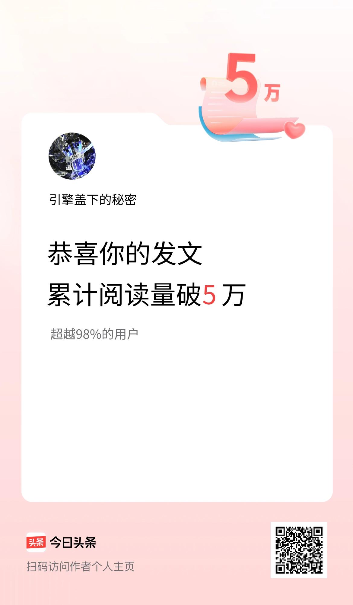 🤝我在头条累计获得阅读量破5万啦！