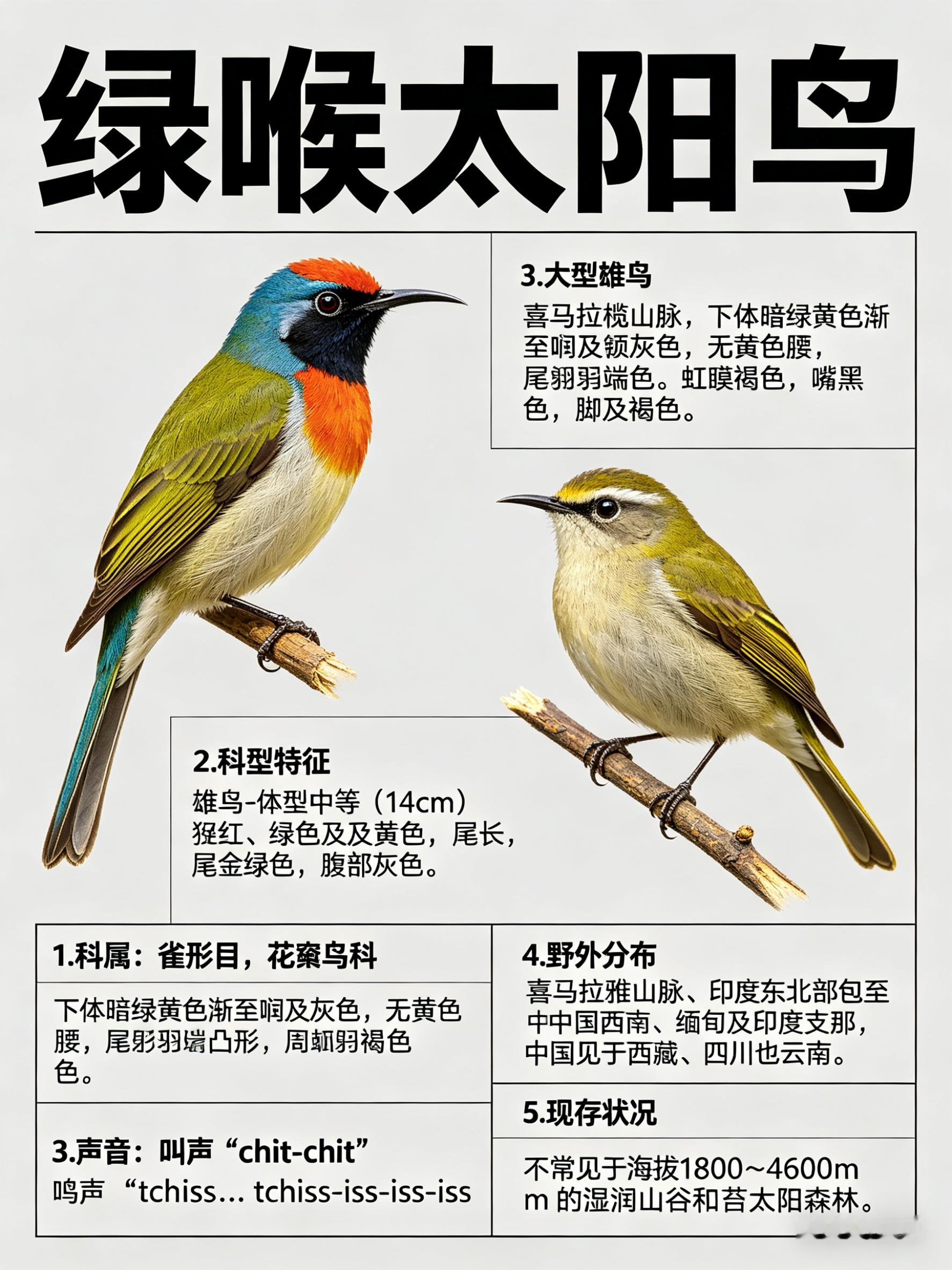 鸟类朋友图鉴 绿喉太阳鸟·科属：雀形目，花蜜鸟科。·外形特征：雄鸟：体型中等（1