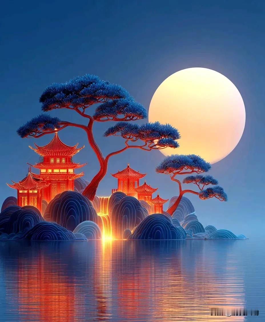梦幻东方古风，月色下的山水楼阁
