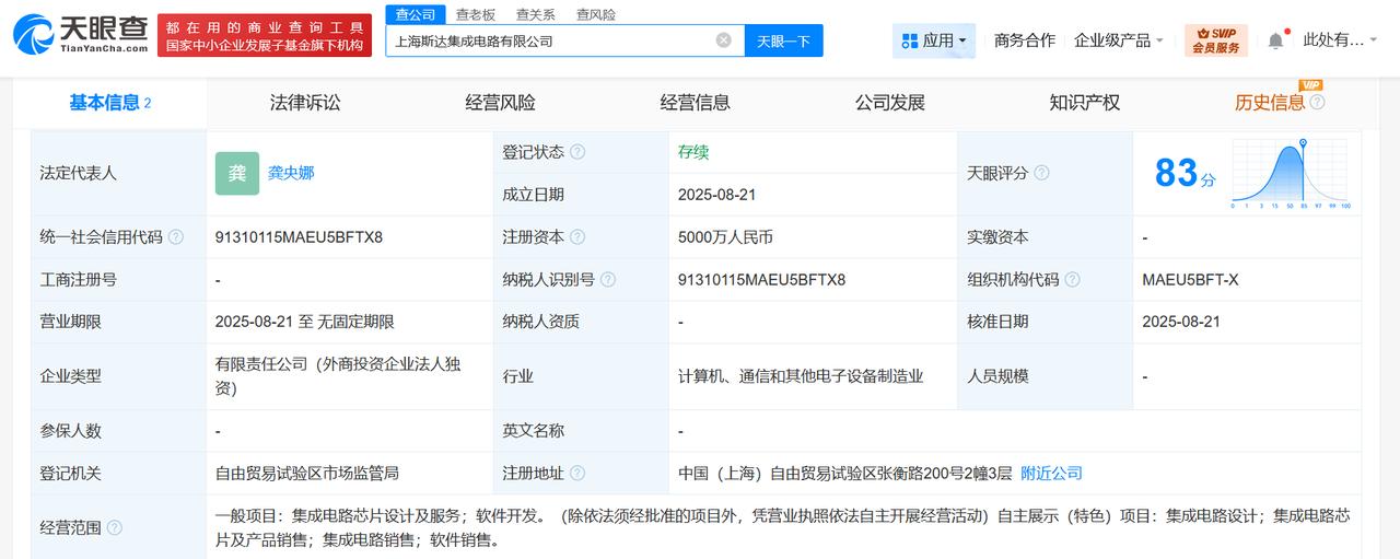 注册资本5000万
天眼查工商信息显示，近日，上海斯达集成电路有限公司成立，法定