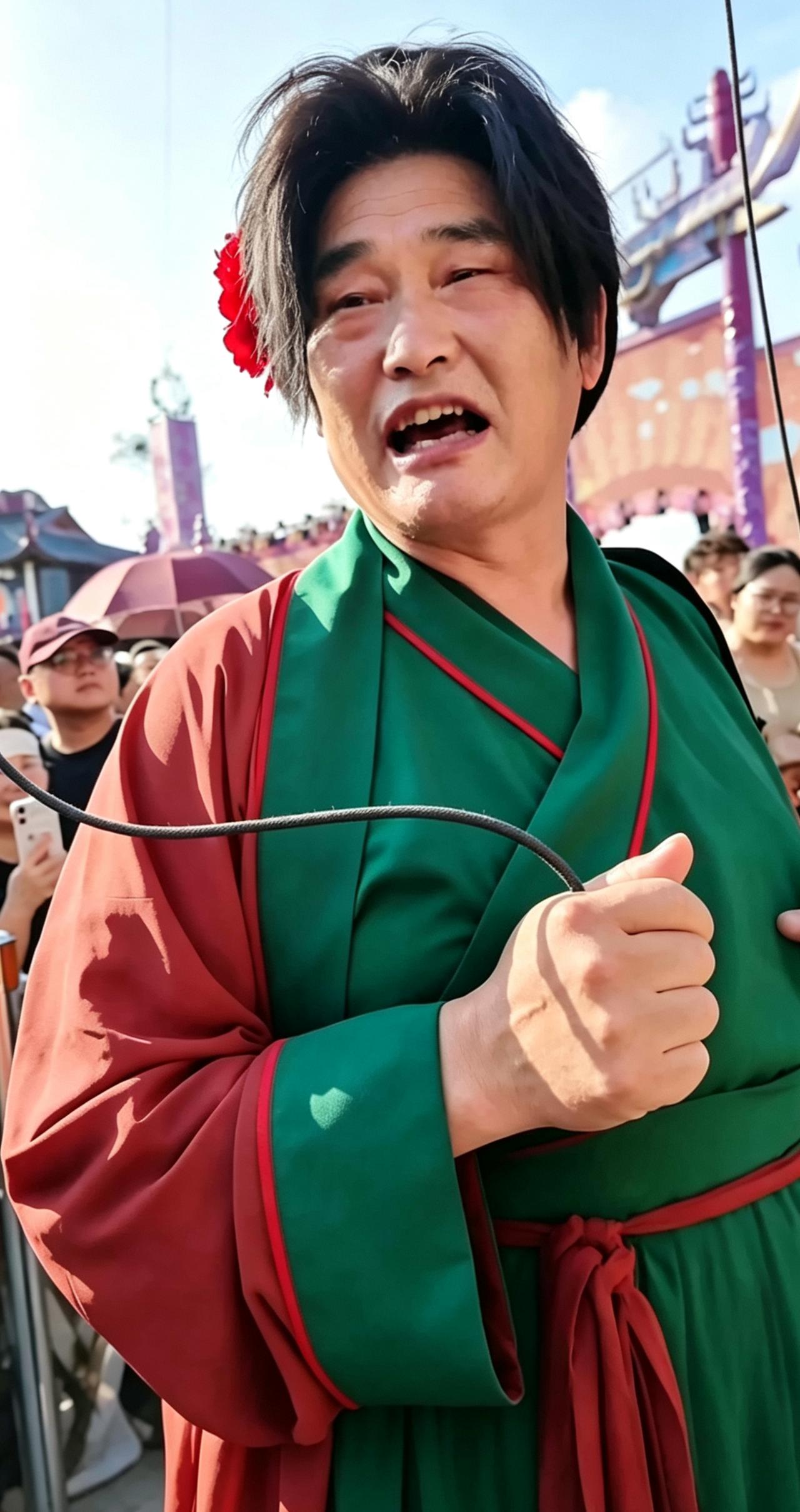 大衣哥男扮女装吊威亚高空撒花，你觉得这手艺像干啥呢？
 
大衣哥身着古风装束吊威
