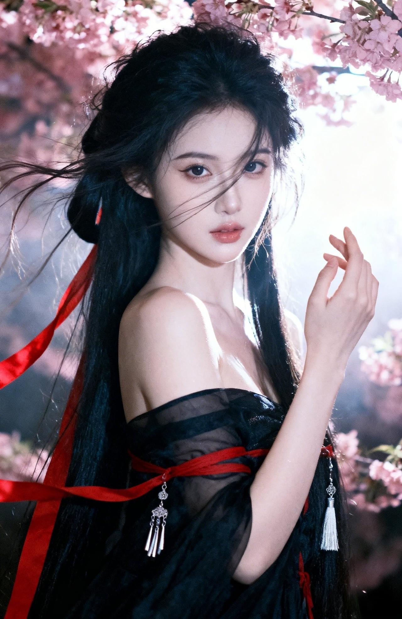 樱落染青丝，红绳系风月， 一身黑纱赴花事，半缕清风乱相思， 花间野客，红衣藏温柔