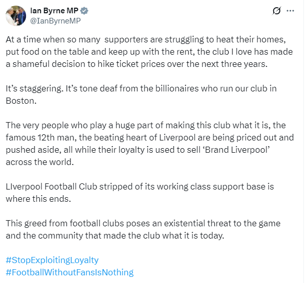 英国工党议员伊恩伯恩：如今，无数球迷连取暖、吃饭、交房租都举步维艰，我深爱的俱乐