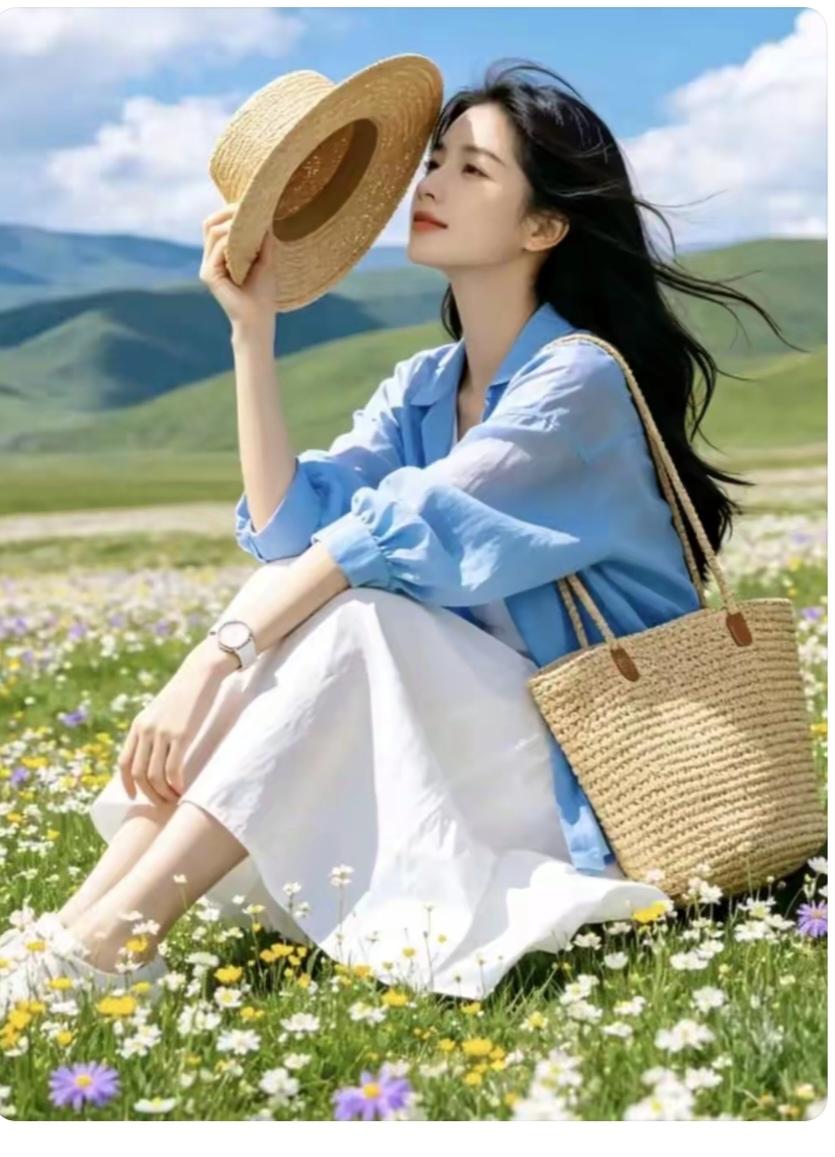 观“花”
春夏时节花儿开；
美女独自观花海；
娇衫小裙身上穿；
手表点缀有气质；