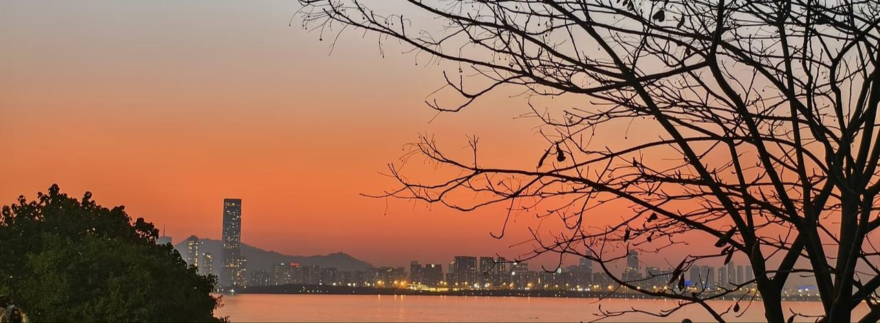 沿着江边散步时，刚好撞上这场橙粉渐变的晚霞。光秃的枝桠在暖调的天空下，像一幅天然