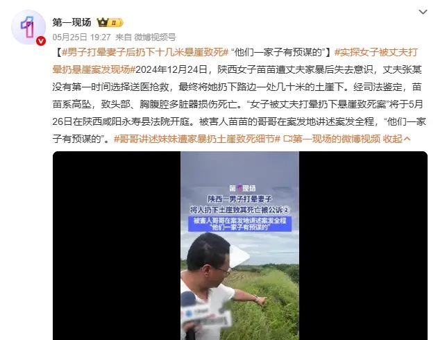 男子打晕妻子后扔下十几米悬崖致死2024年12月24日，陕西女子苗苗遭丈夫家暴后