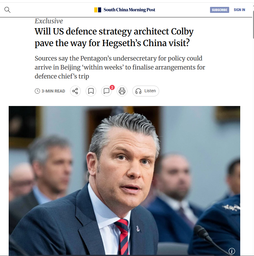 🔸有消息称，五角大楼计划在数周内派遣高级代表团前往中国，为国防部长皮特·赫格塞