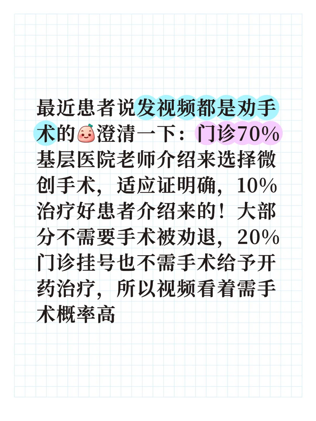 最近患者说发视频都是劝手术的[微笑R]澄清一下：门诊70%基层医院老师...