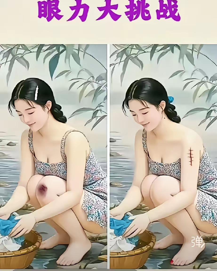 诸君仔细看，
眼力大挑战。
几处不同点，
比谁分辩快。