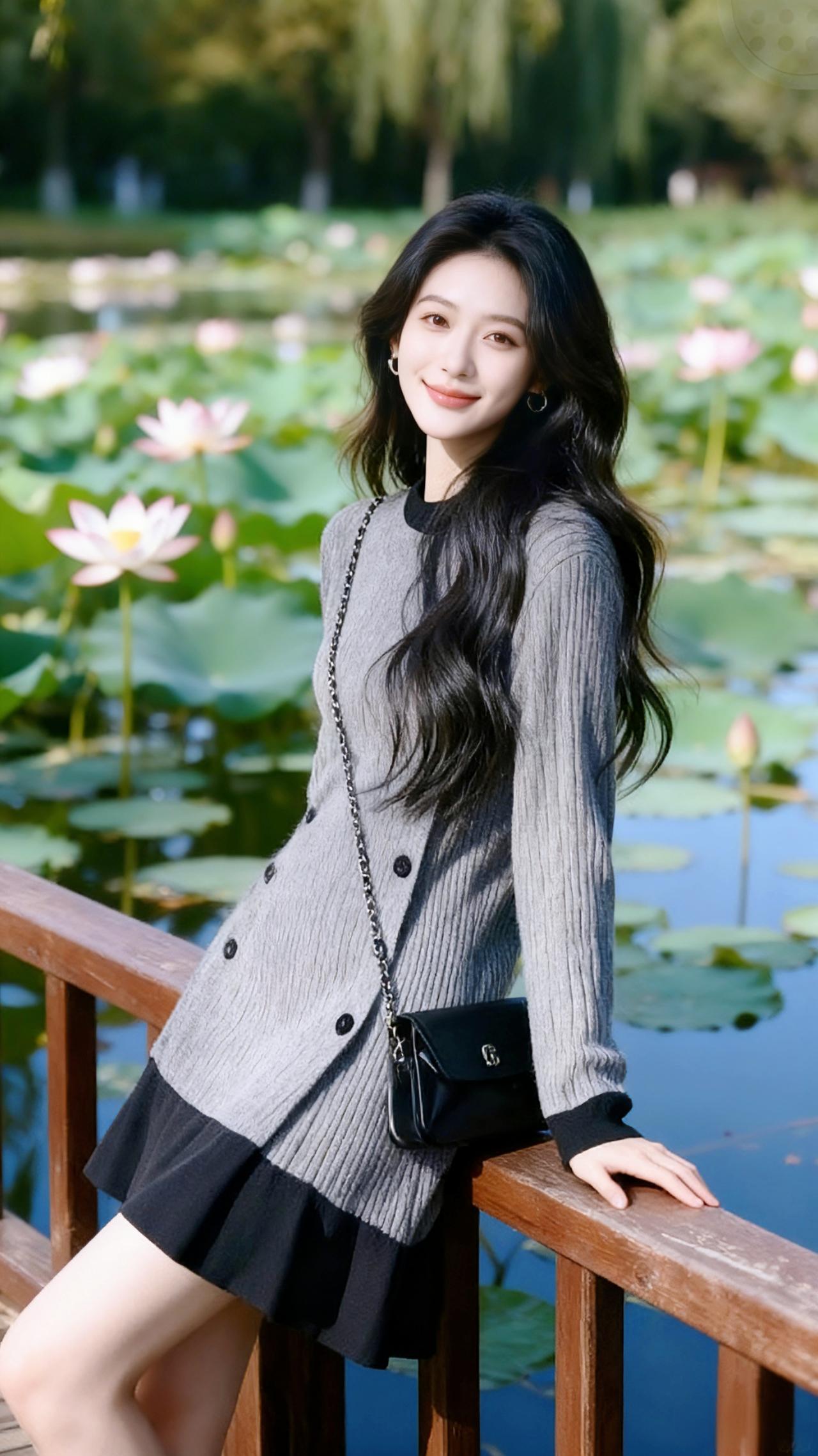 这组照片里的湖光与衣影，像是把秋日的温柔都织进了针脚里。
 
灰调的针织裙是暮云