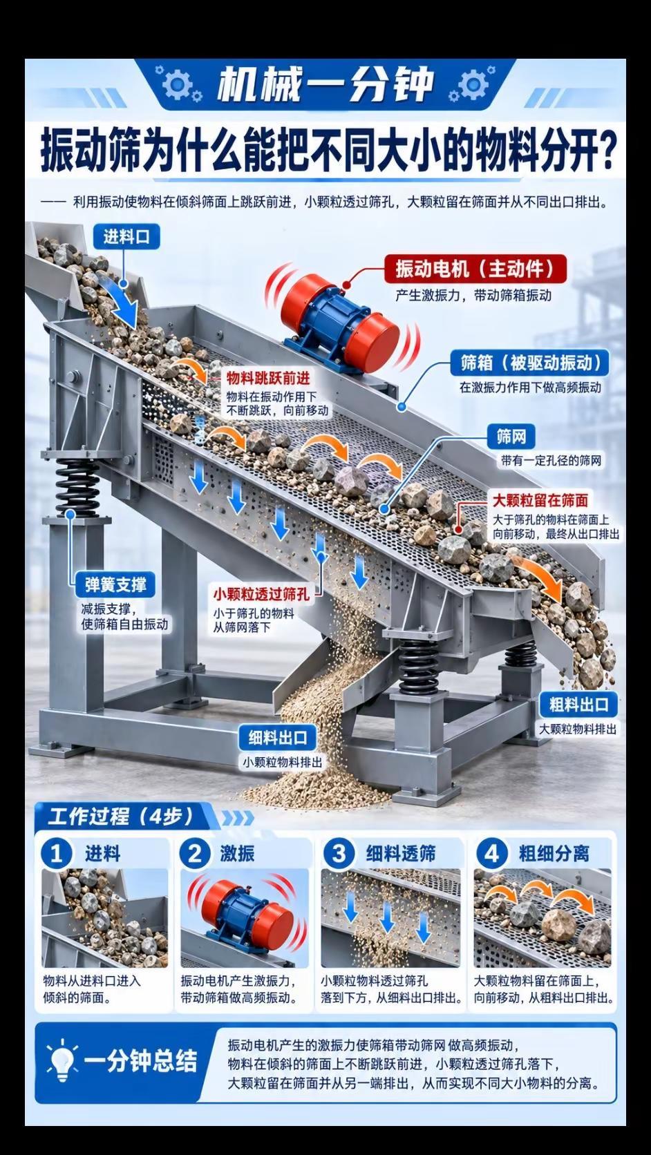 振动筛靠振动电机带动筛箱高频振动，让物料在倾斜筛面上不断跳跃前进。小颗粒通过筛孔