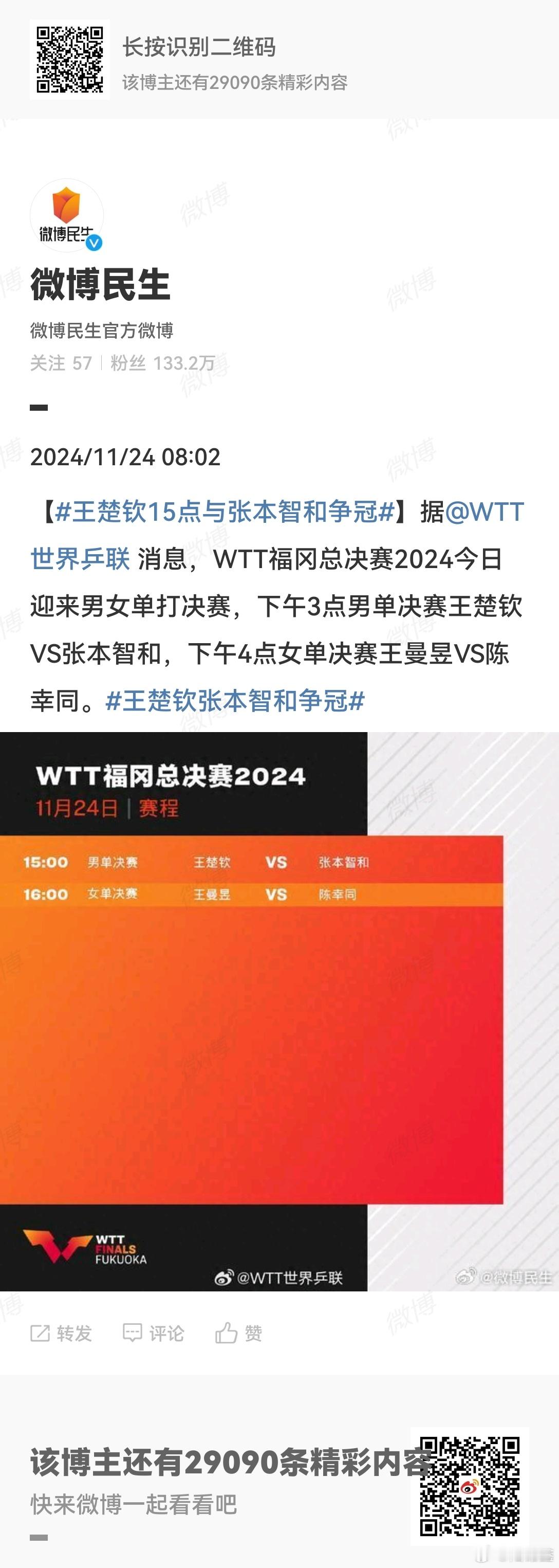 王楚钦15点与张本智和争冠   WTT福冈总决赛2024今日迎来男女单打决赛，下