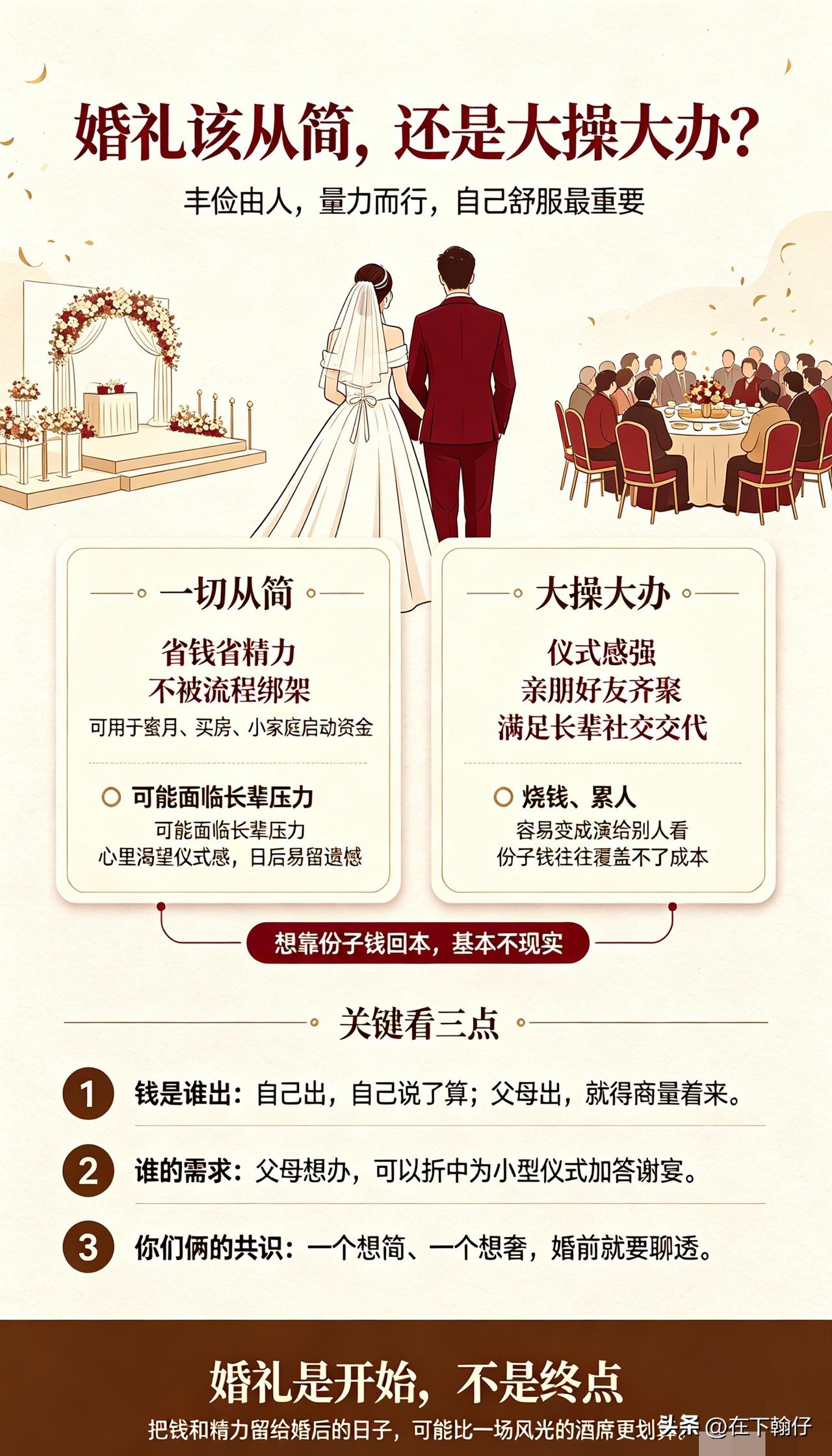 关于婚礼该简办还是大操大办，其实并没有标准答案。说到底就是：丰俭由人，量力而行，
