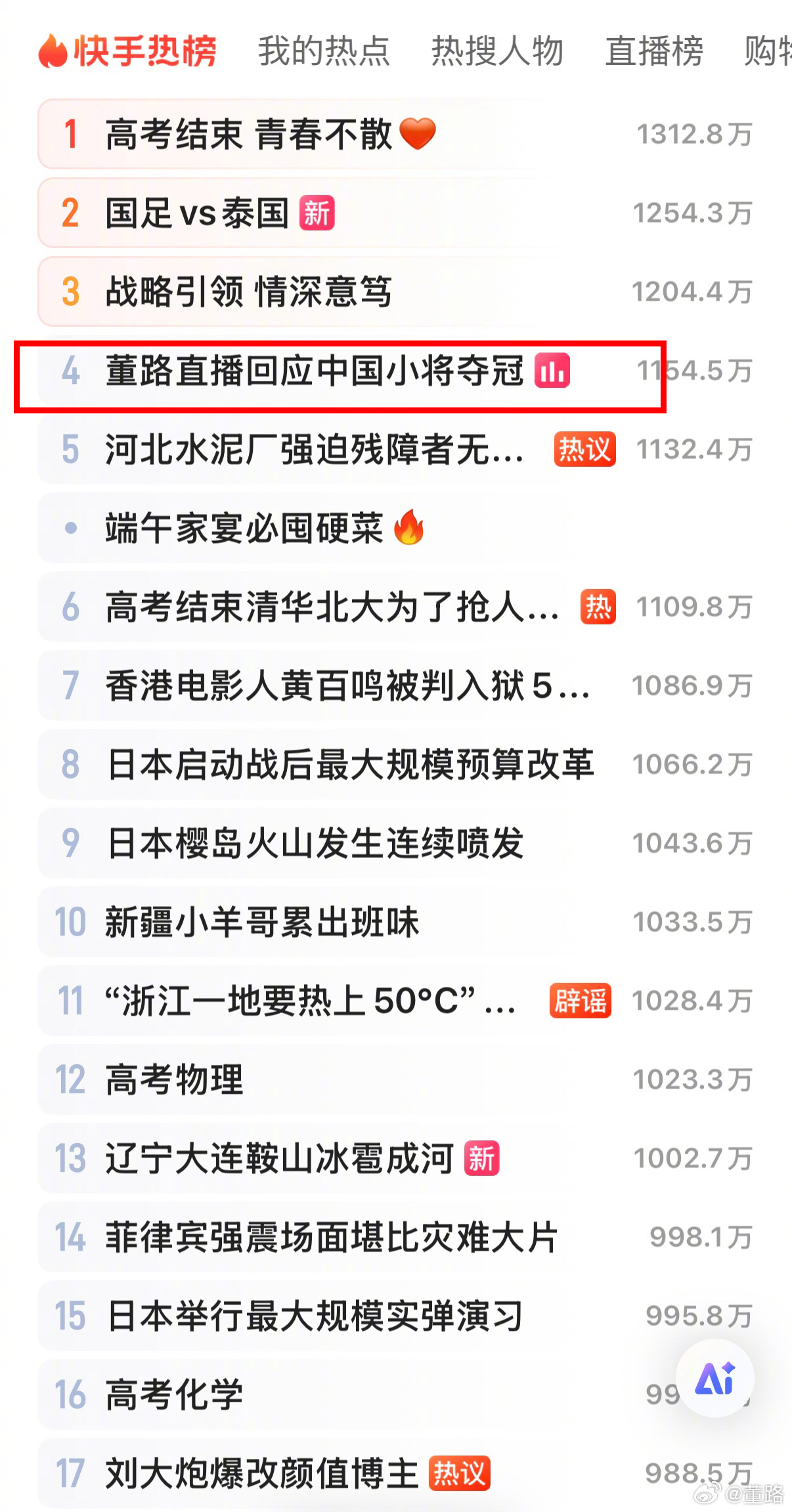 快手直播，热搜第四！ 