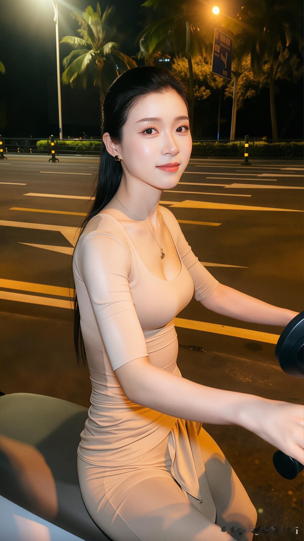 夜晚街头的迷人少女，优雅气质满分！🌙✨