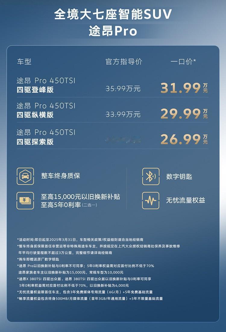 途昂Pro正式上市，一口价：26.99-31.99万，五代EA888、终身质保，