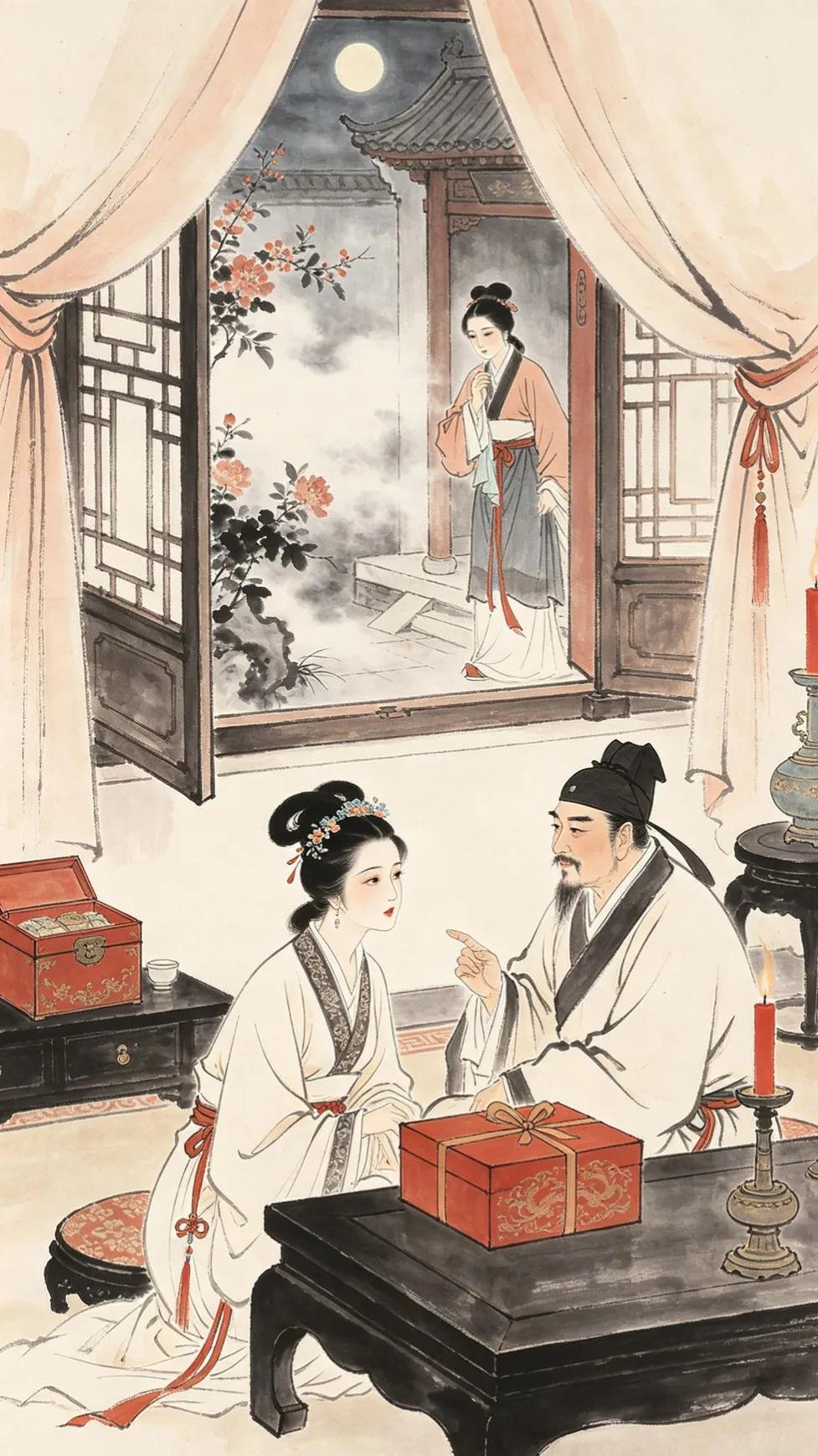 花子虚送礼给西门庆，西门庆的老婆吴月娘纳闷问为什么。西门庆答可能是花子虚的老婆李
