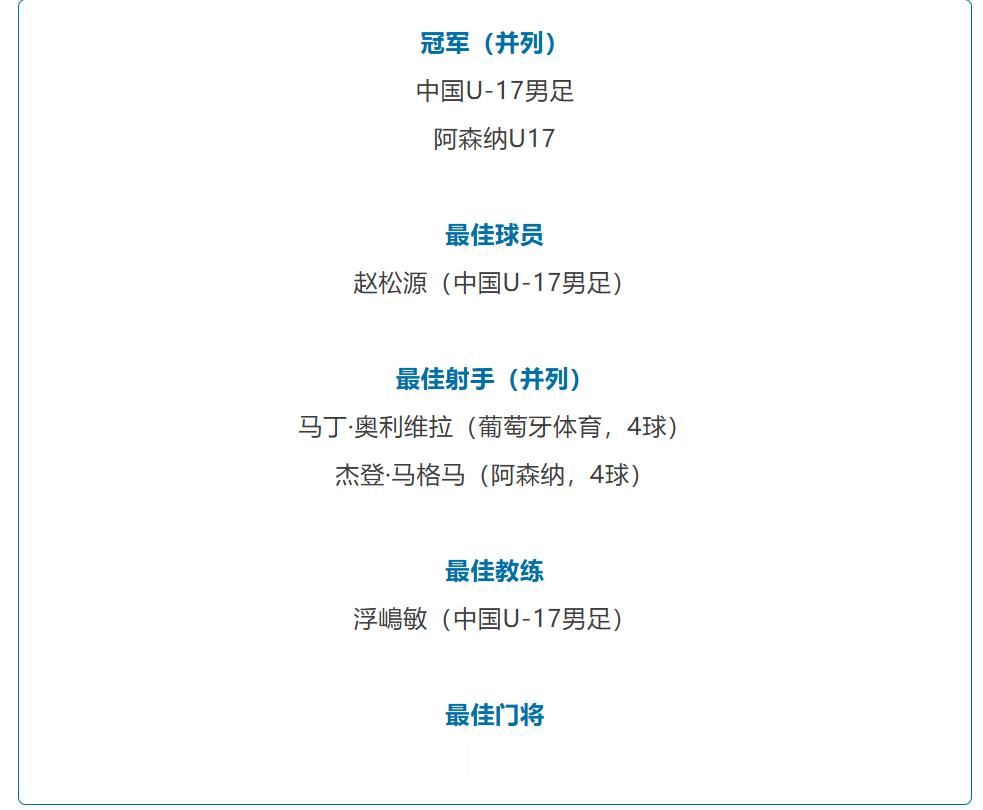 明日之星冠军杯 决赛取消，国青，阿森纳并列冠军。各单项奖项如下图。 