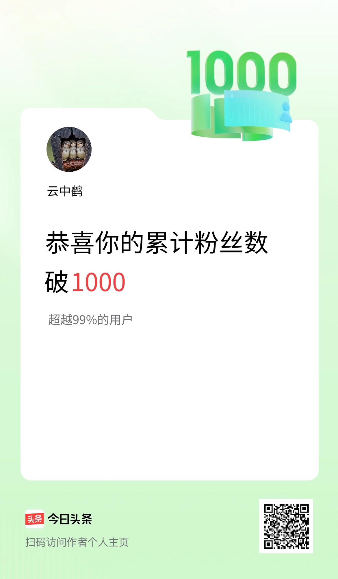 我在头条累计粉丝数破1000啦！
