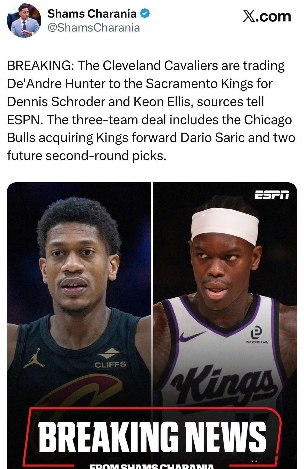 准不准，三方交易达成了！！！骑士交易亨特至国王，换回埃利斯和施罗德。

根据记者