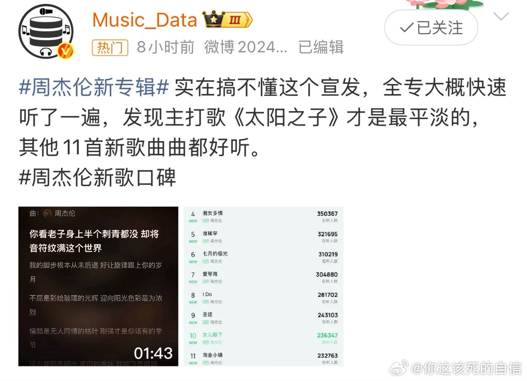 周杰伦新专辑口碑反转周杰伦新专辑最平淡的歌曲是太阳之子可以的可以的 