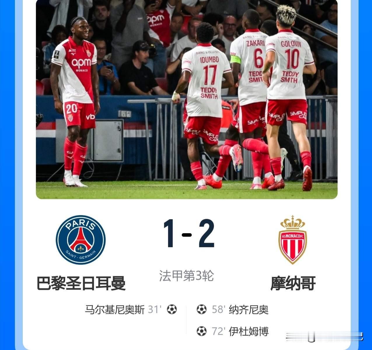 法甲爆出超大冷门！王子公园球场，大巴黎主场1‑2输给摩纳哥 。
 
上半场第31