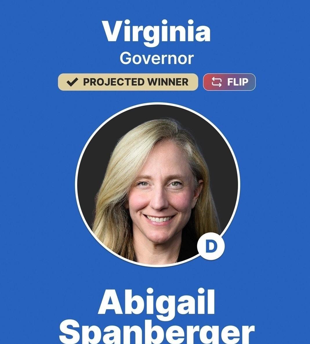 汇总一下，弗吉尼亚州的此次选举中，民主党在关键职位上取得全胜。Abigail S