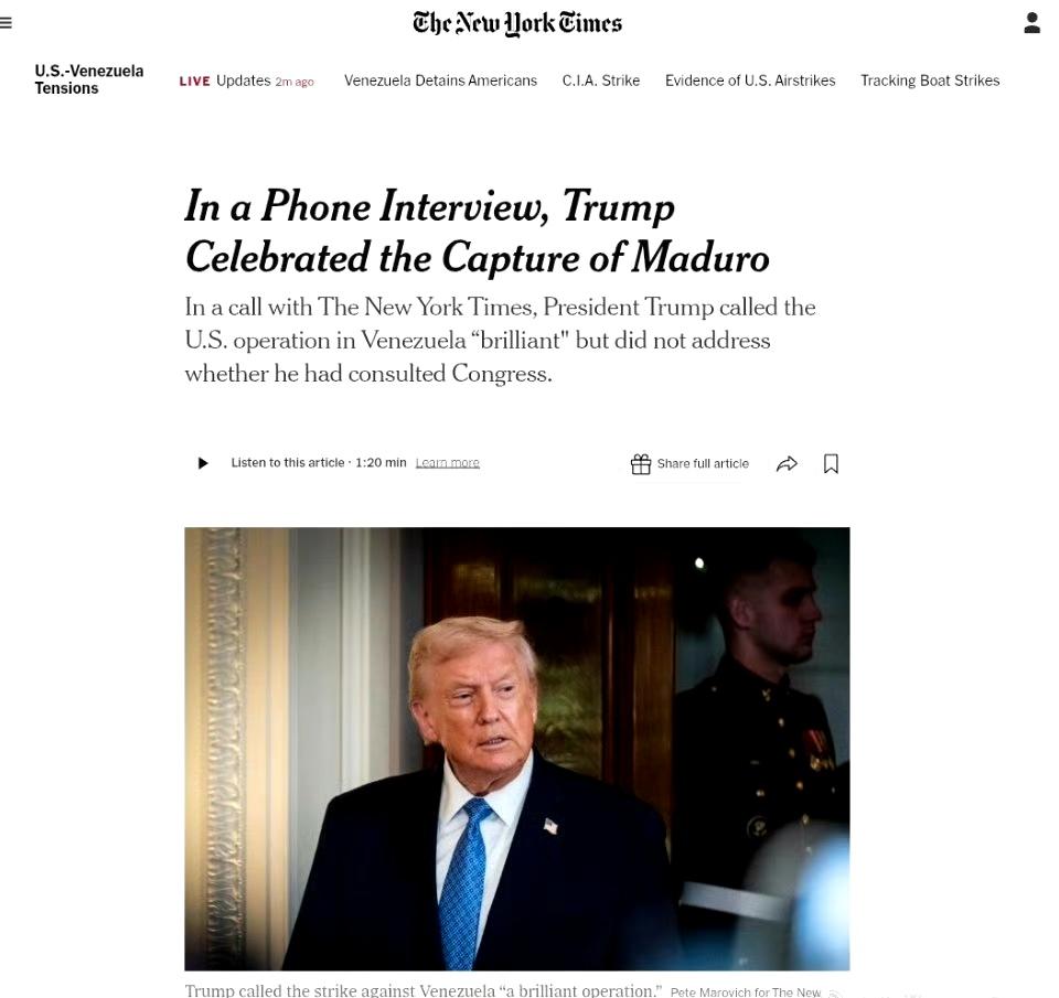 纽约时报消息：

特朗普在电话采访中庆祝马杜罗被捕

美国时间今天早上，美国总统