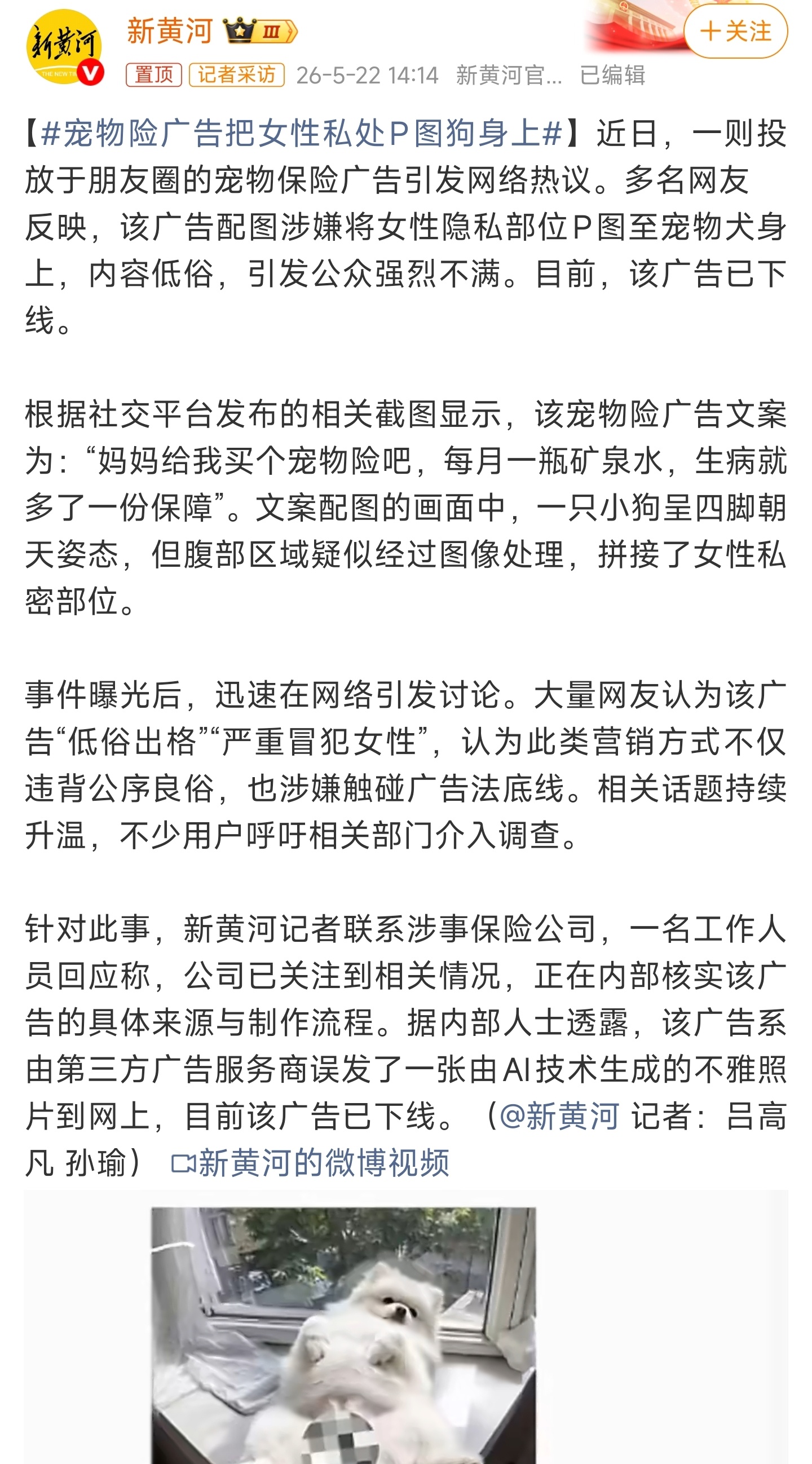 宠物险广告把女性私处P图狗身上真是恶心低俗啊这些人，能不能找到源头严厉处罚，不是