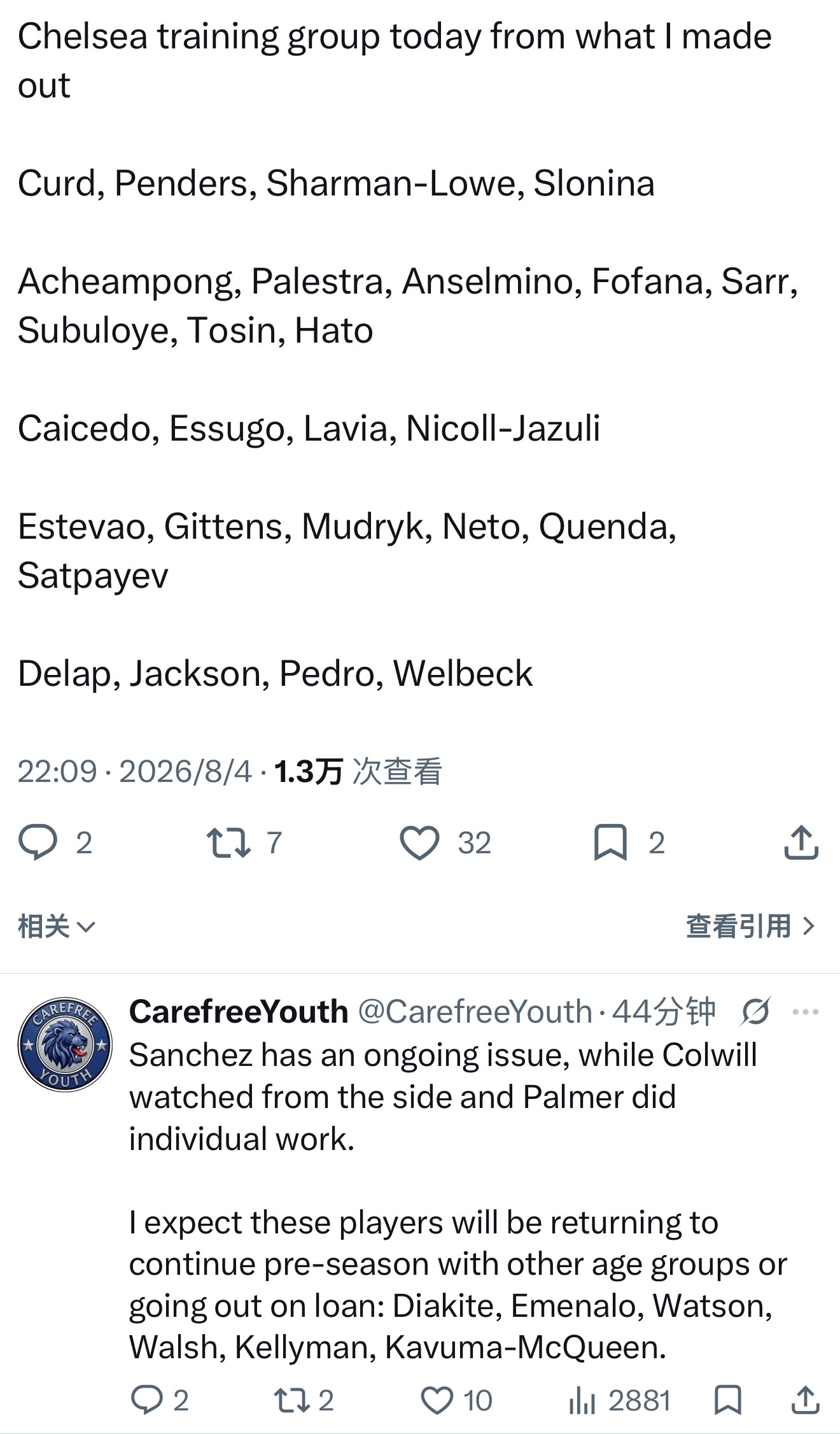 有人发现今天公开训练不少小将就没带来切尔西英超