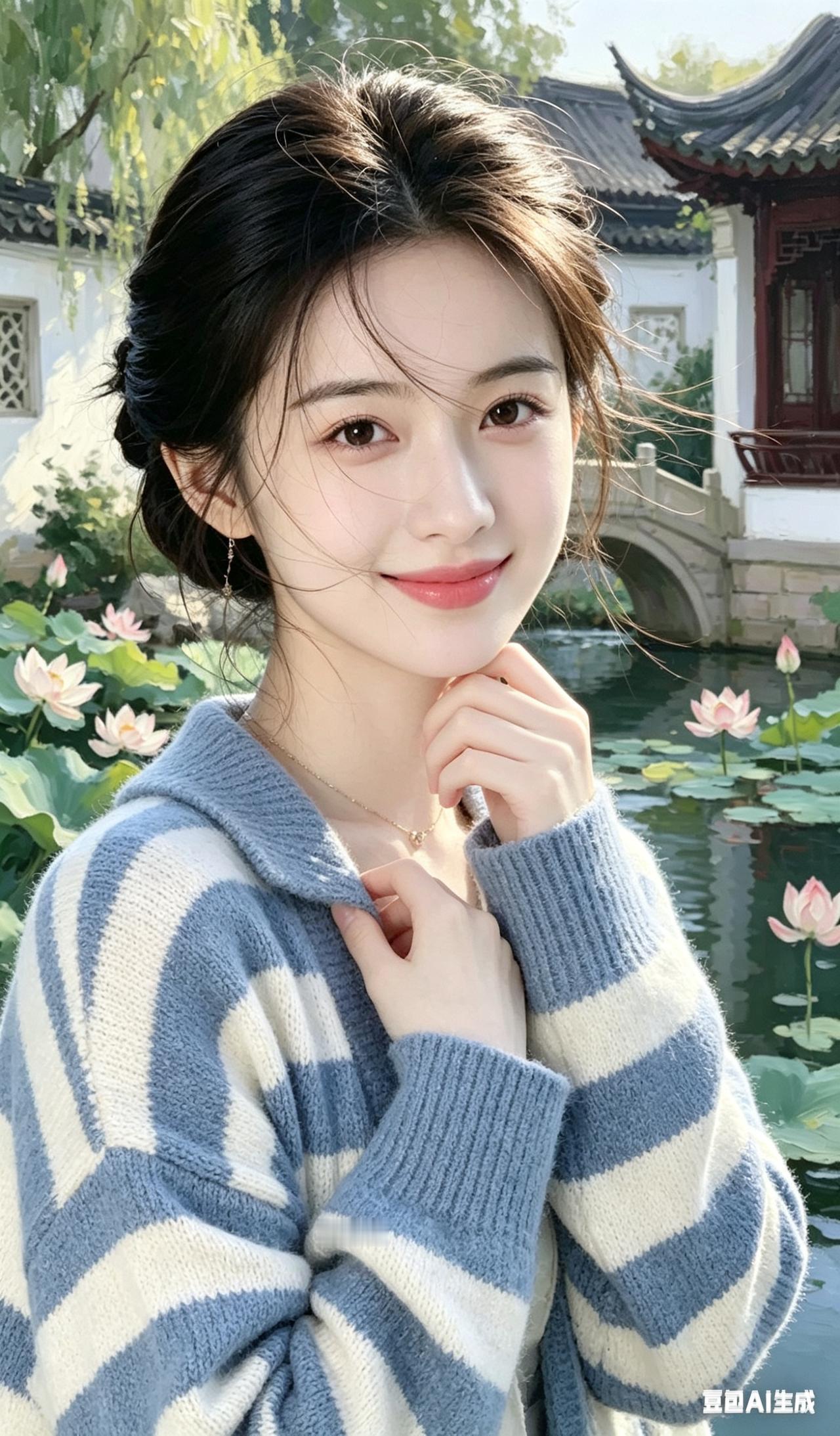 十八岁女生尖下巴比例匀称，冷白陶瓷肌肤，神情娇羞灵动。蓝白条纹针织毛衣随性上身，