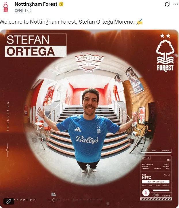 官方：诺丁汉森林确认从曼城签下了斯特凡-奥尔特加。诺丁汉森林买断了这名门将在曼城