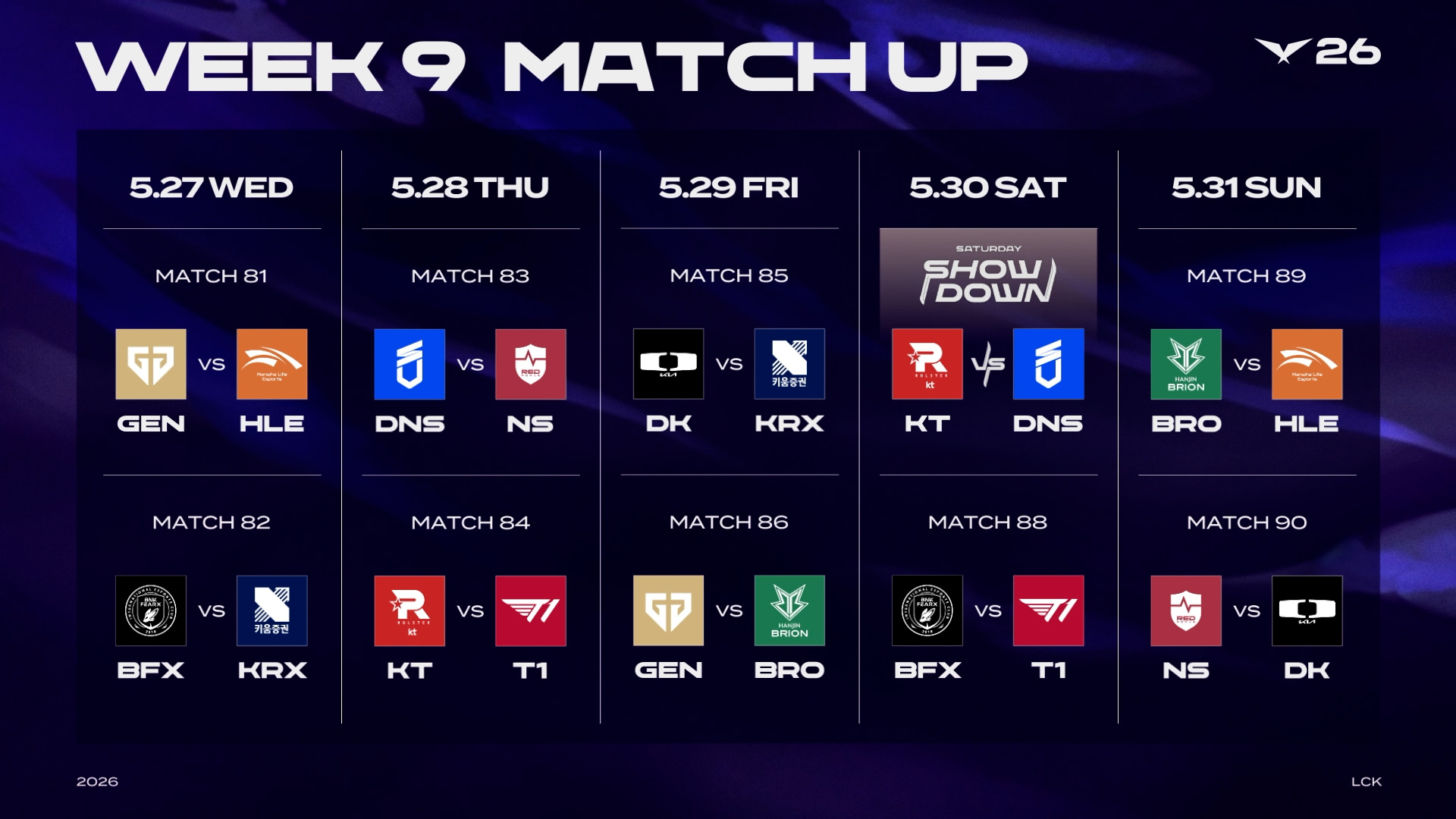 《英雄联盟》LCK 5月27日赛程：GEN vs HLEBFX vs KRX