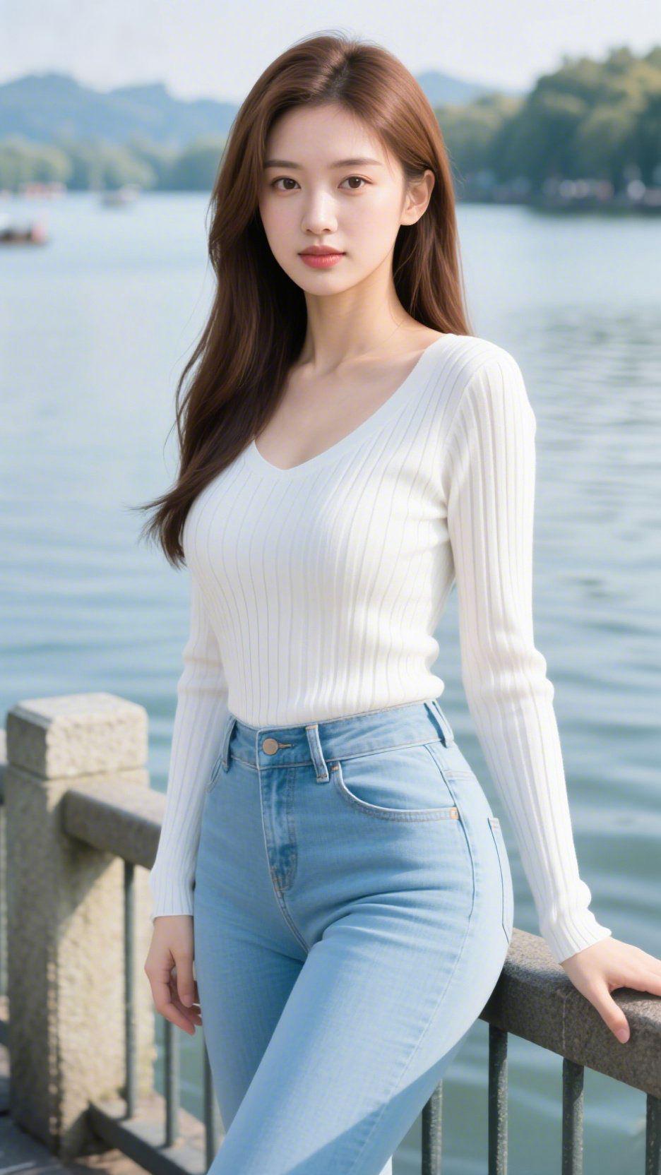 湖光漫处意悠然
 
湖光漫过石栏，远山衔着浅翠，风里裹着湖水的清润。她静立岸边，