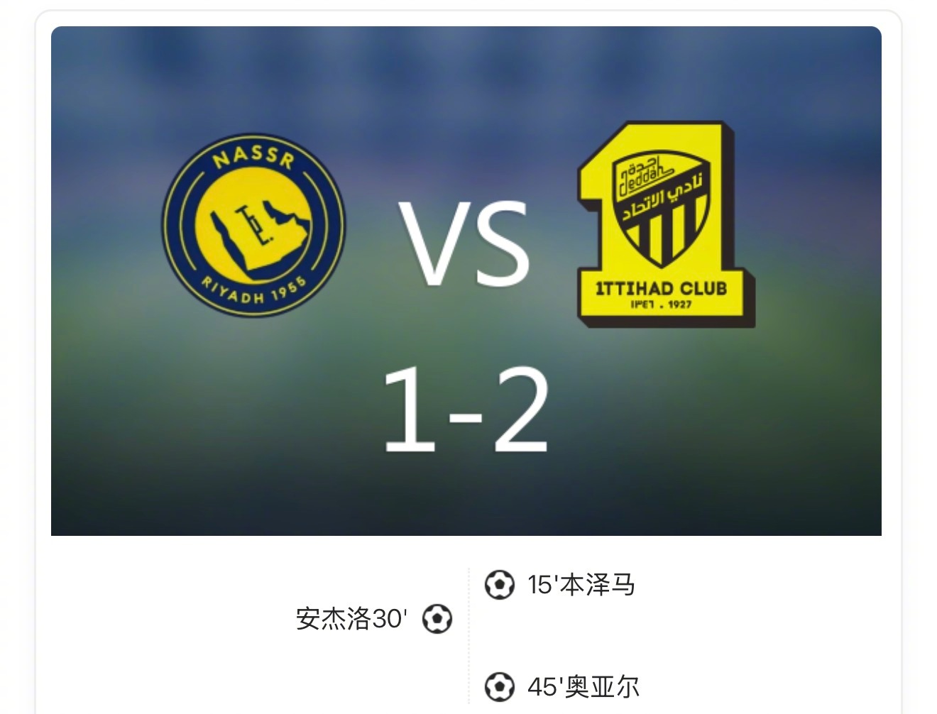 【沙王冠：胜利1-2十人吉达联合，本泽马破门，朱莱丹染红】上半场本泽马破门首开纪