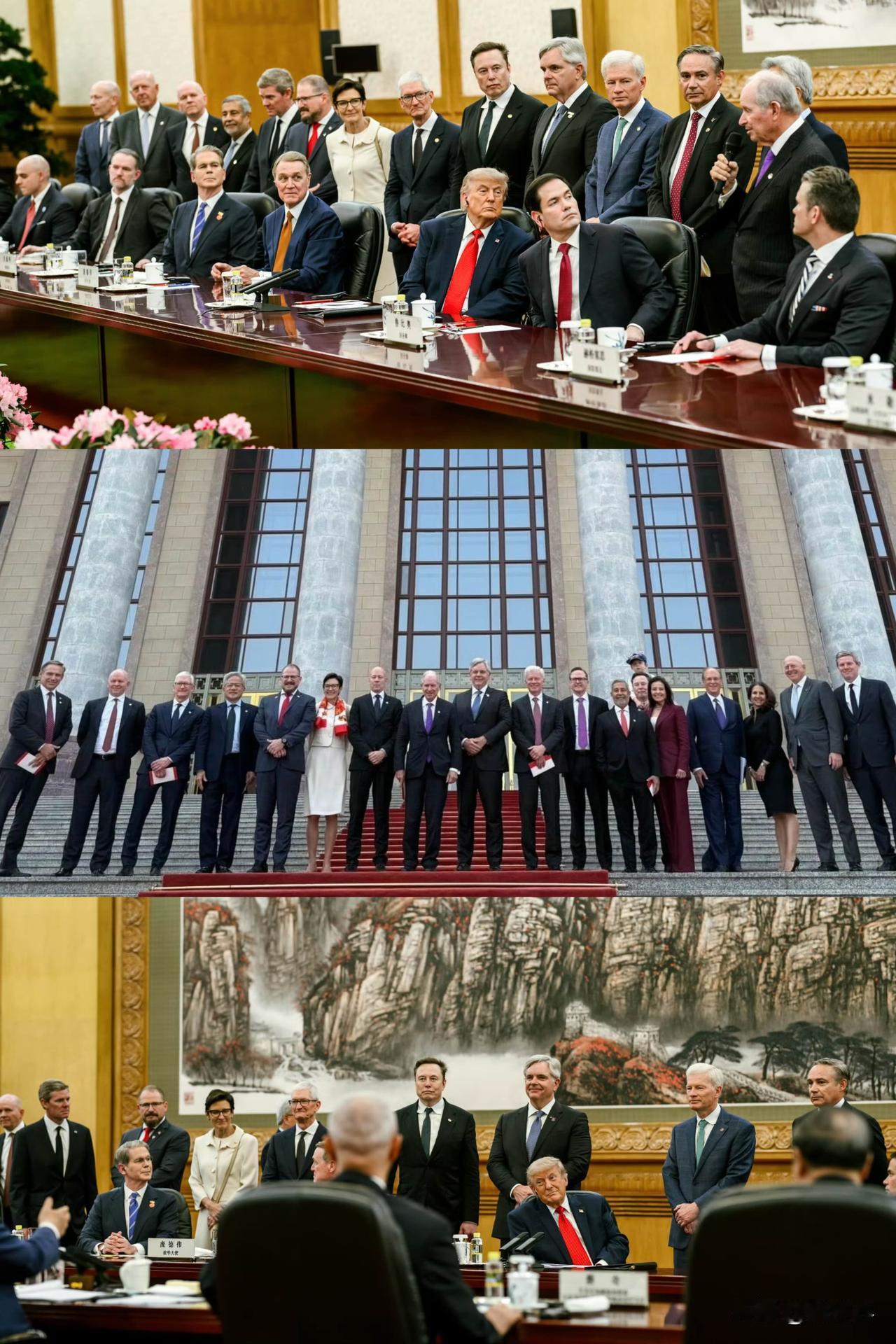 受邀的美企高管们在大会 堂前合影留念，看起来春风得意，马斯克还把儿子高高扛在肩上