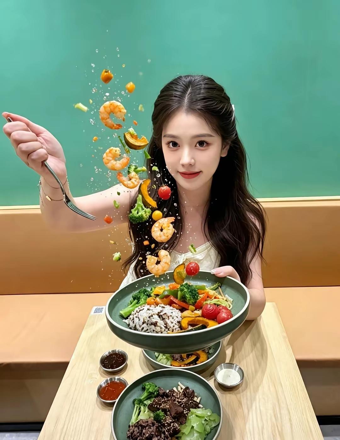 这餐真丰盛，蔬菜和虾满满一碗！