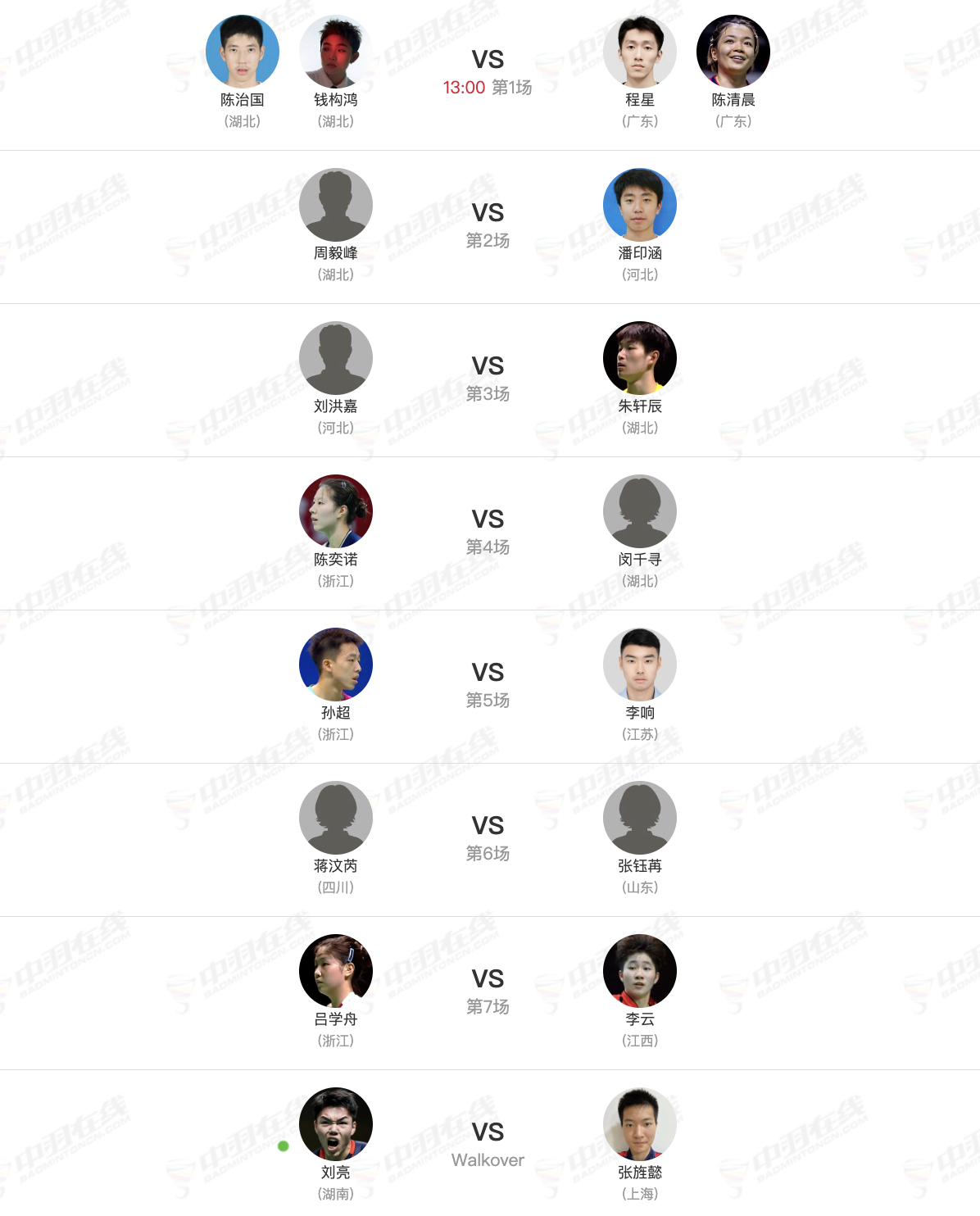 全运会羽毛球单项资格赛8月21日赛程，13点开赛： ​​​​