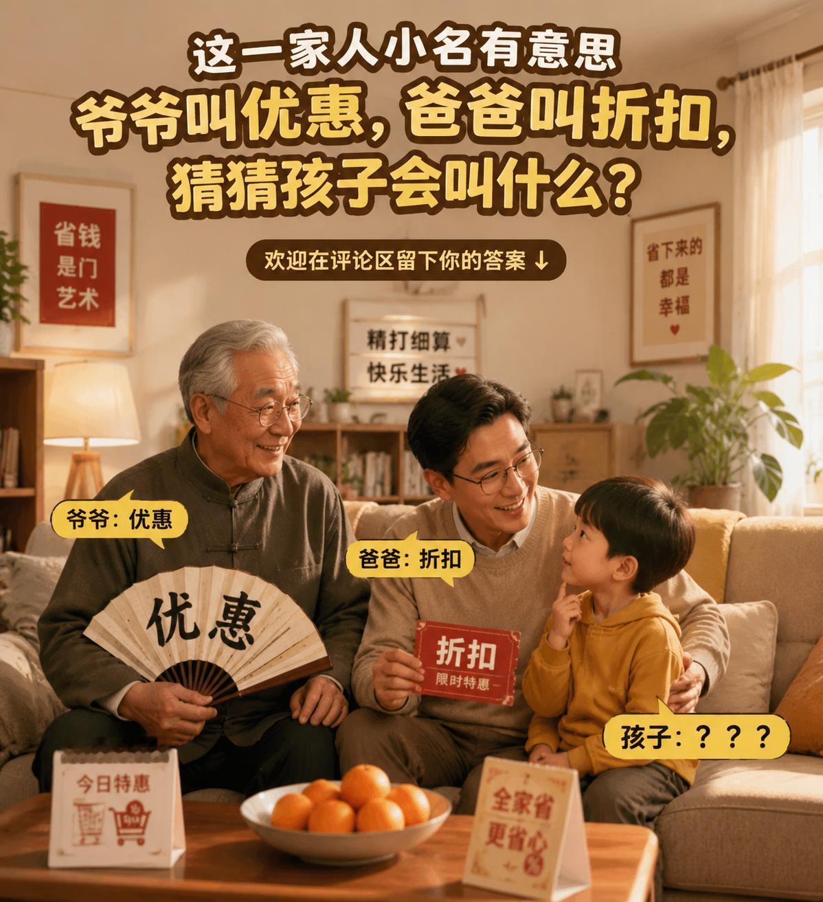 这一家人小名有意思，爷爷叫优惠，爸爸叫折扣，猜猜孩子会叫什么？